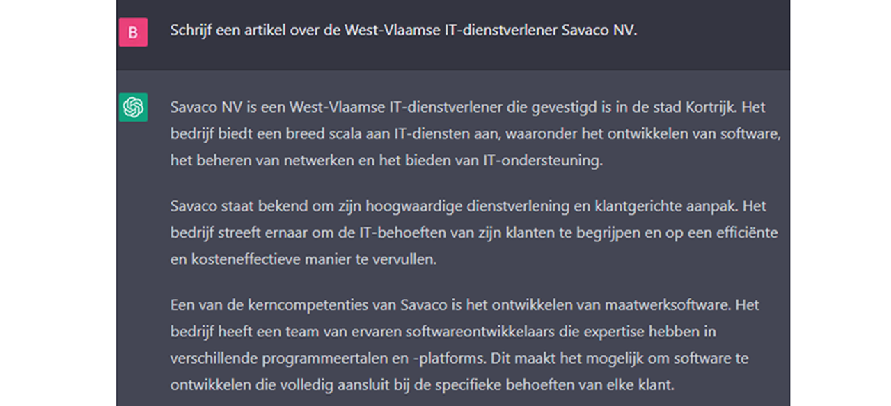 ChatGPt antwoord op de vraag: Schrijf een artikel over de West-Vlaamse IT-dienstverlener Savaco NV.