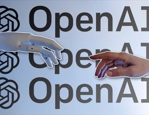 OpenAi chatgpt illustratie van mensen hand en robothand die naar elkaar toereiken
